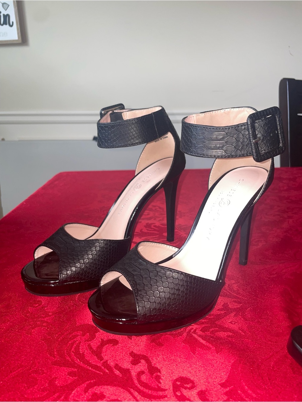 Chinese Laundry Black Textured Peep-Toe Ankle-Strap Heels